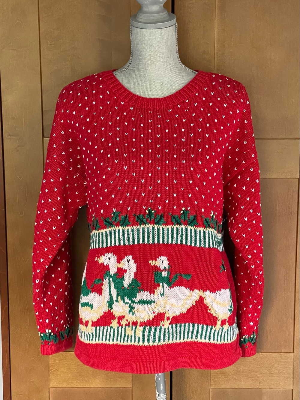 Vintage DEANS of SCOTLAND Red Cotton Hand Knit Holiday Sweater w/ Geese/Holly XL